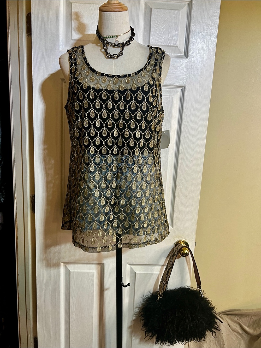 New Wms Gold Metallic Embroidered‎ Sheer Mesh Lined Boho Glam Sleeveless Top L